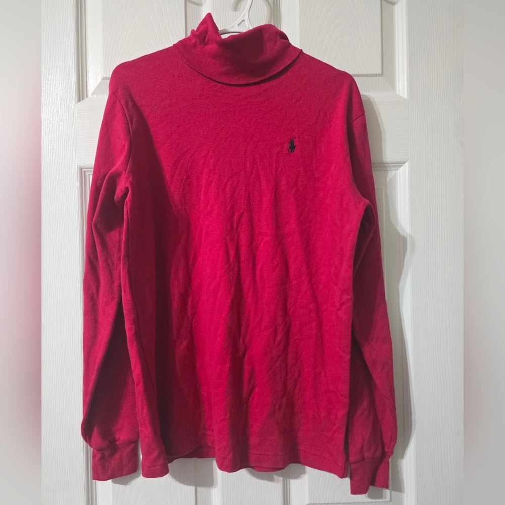 Vintage 90s Polo Ralph Lauren Red Cotton Knit Turtleneck, Made In USA, Size XL.